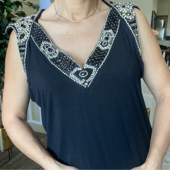 Unearth & Strano Sleeveless Beaded Embellish V Neckline Black Top Tank Shirt XXL - Picture 4 of 14
